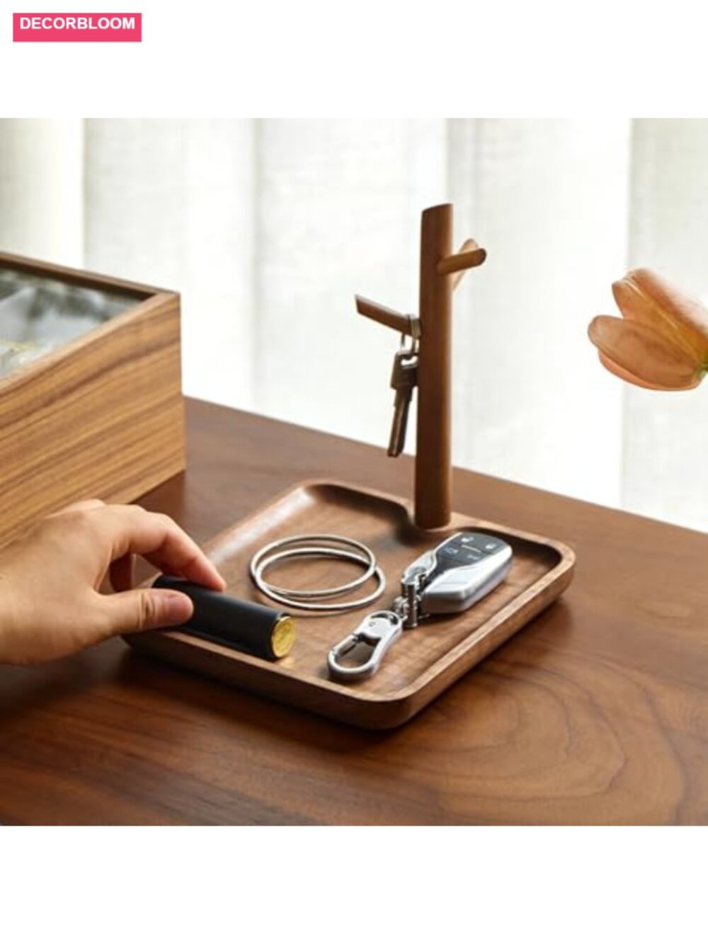 Solid Wood Key Dish Bowl Walnut Entryway Tray with Hooks Jewelry Organizer - Picture 1 of 6